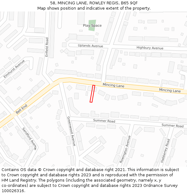 58, MINCING LANE, ROWLEY REGIS, B65 9QF: Location map and indicative extent of plot
