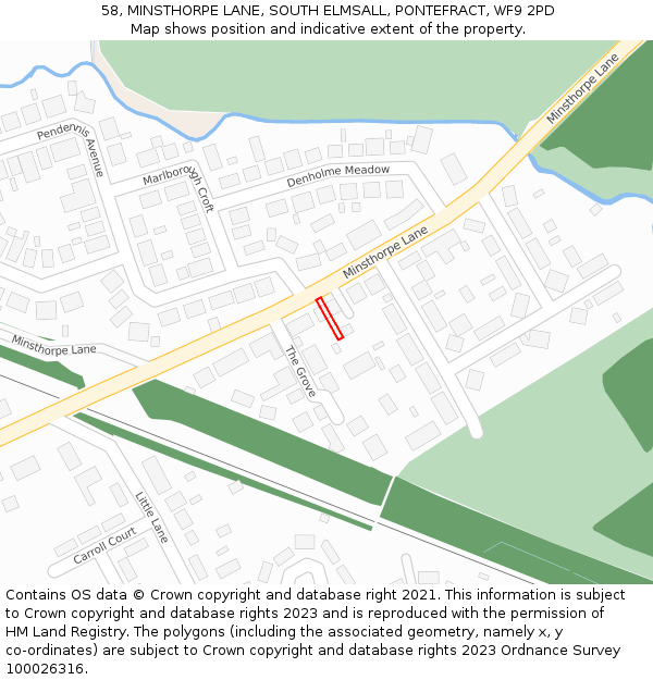 58, MINSTHORPE LANE, SOUTH ELMSALL, PONTEFRACT, WF9 2PD: Location map and indicative extent of plot
