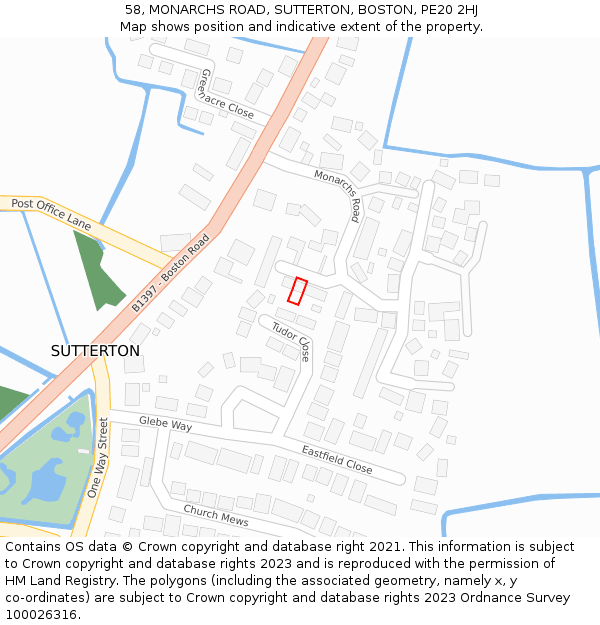 58, MONARCHS ROAD, SUTTERTON, BOSTON, PE20 2HJ: Location map and indicative extent of plot
