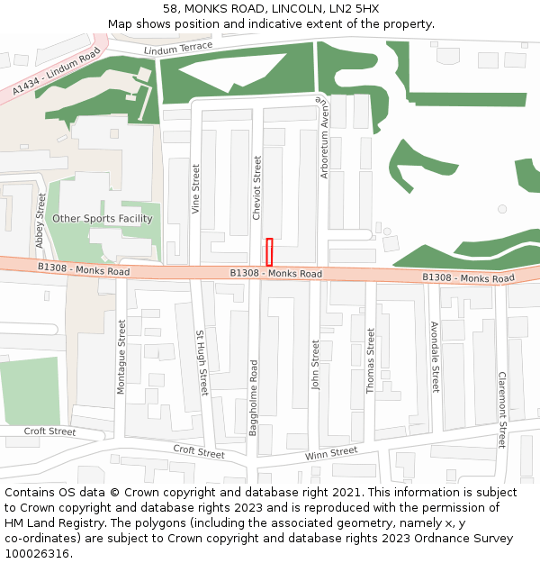 58, MONKS ROAD, LINCOLN, LN2 5HX: Location map and indicative extent of plot