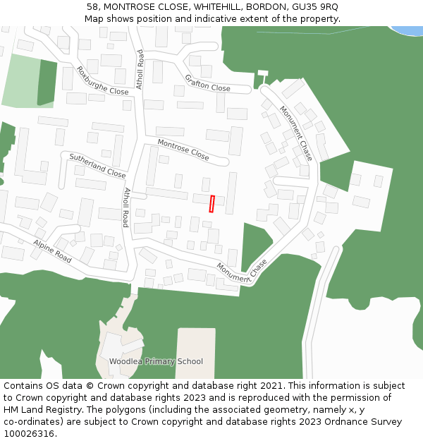 58, MONTROSE CLOSE, WHITEHILL, BORDON, GU35 9RQ: Location map and indicative extent of plot