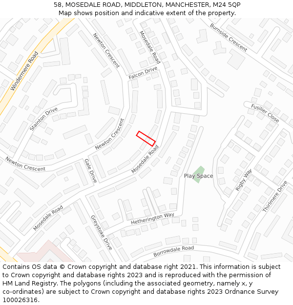 58, MOSEDALE ROAD, MIDDLETON, MANCHESTER, M24 5QP: Location map and indicative extent of plot