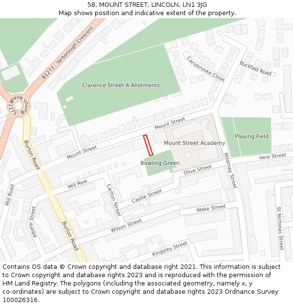 58, MOUNT STREET, LINCOLN, LN1 3JG: Location map and indicative extent of plot
