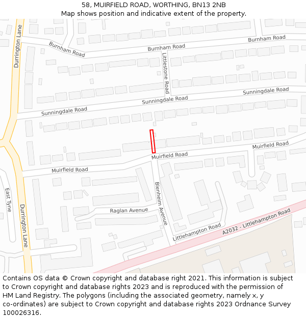 58, MUIRFIELD ROAD, WORTHING, BN13 2NB: Location map and indicative extent of plot