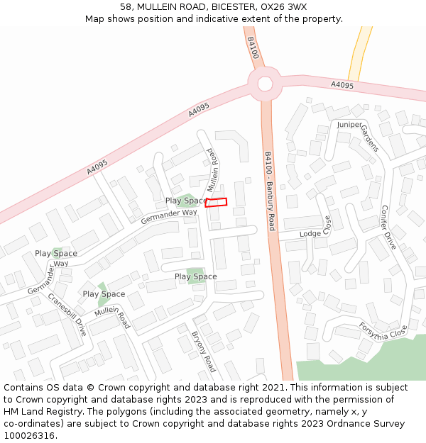 58, MULLEIN ROAD, BICESTER, OX26 3WX: Location map and indicative extent of plot