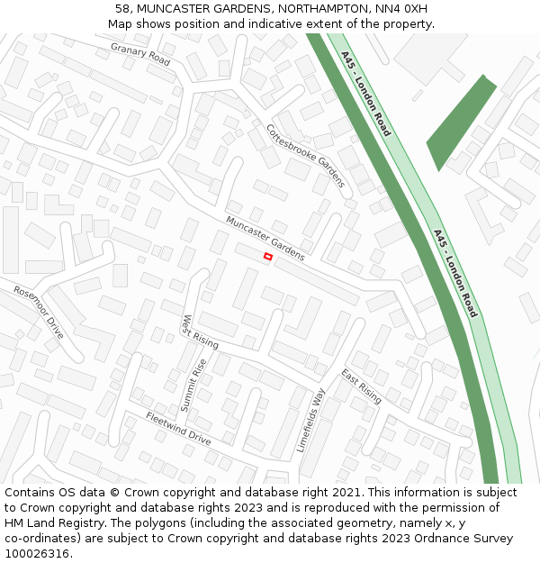 58, MUNCASTER GARDENS, NORTHAMPTON, NN4 0XH: Location map and indicative extent of plot