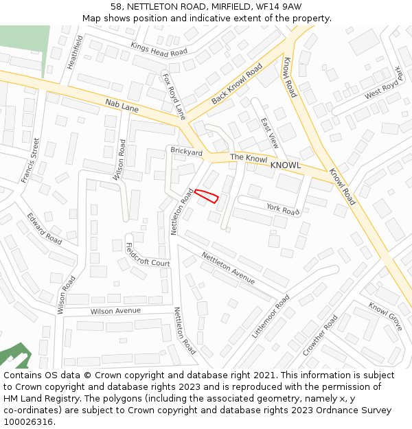 58, NETTLETON ROAD, MIRFIELD, WF14 9AW: Location map and indicative extent of plot