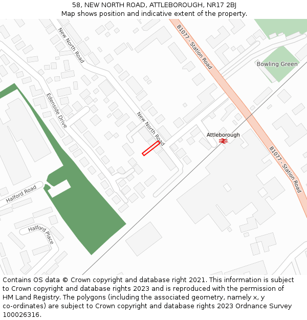 58, NEW NORTH ROAD, ATTLEBOROUGH, NR17 2BJ: Location map and indicative extent of plot