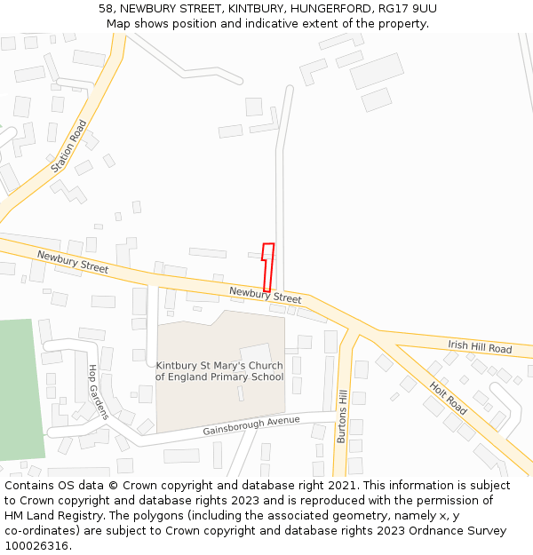 58, NEWBURY STREET, KINTBURY, HUNGERFORD, RG17 9UU: Location map and indicative extent of plot