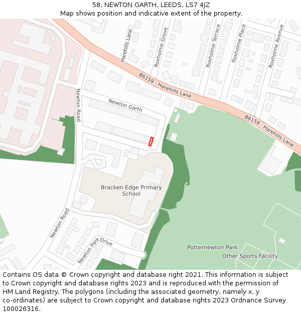 58, NEWTON GARTH, LEEDS, LS7 4JZ: Location map and indicative extent of plot