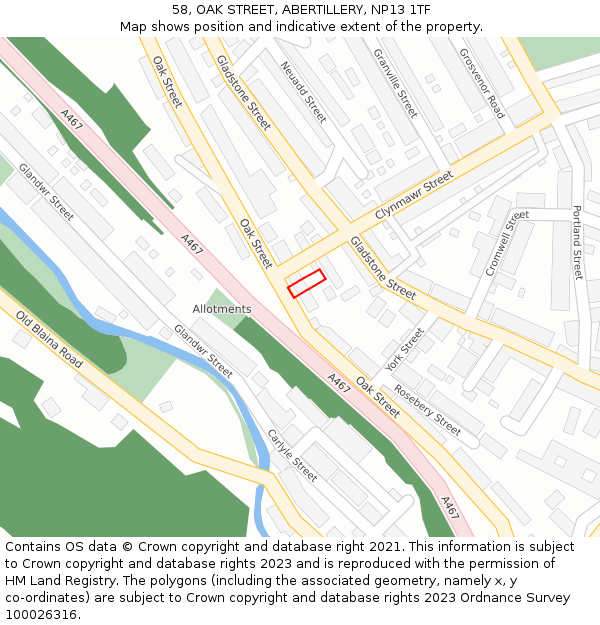 58, OAK STREET, ABERTILLERY, NP13 1TF: Location map and indicative extent of plot