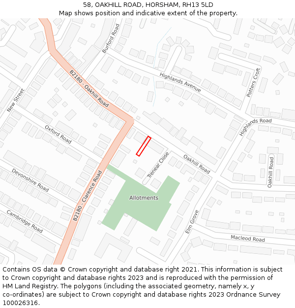 58, OAKHILL ROAD, HORSHAM, RH13 5LD: Location map and indicative extent of plot
