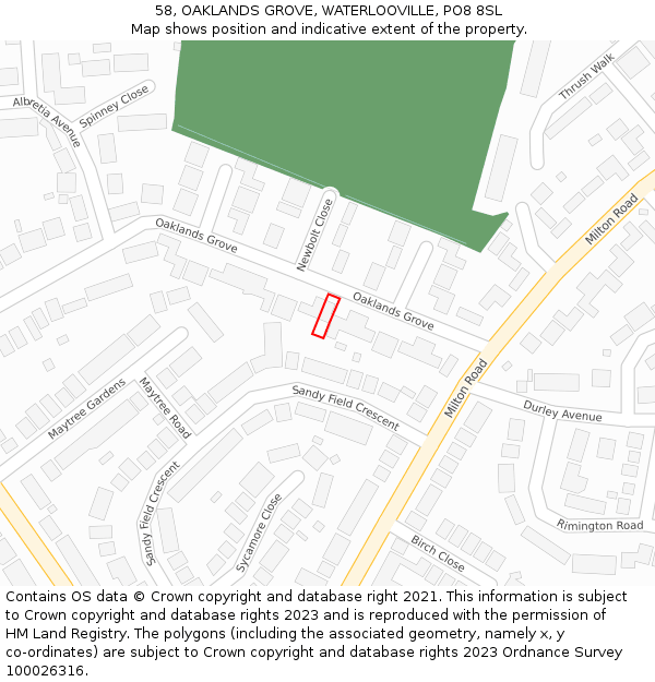 58, OAKLANDS GROVE, WATERLOOVILLE, PO8 8SL: Location map and indicative extent of plot