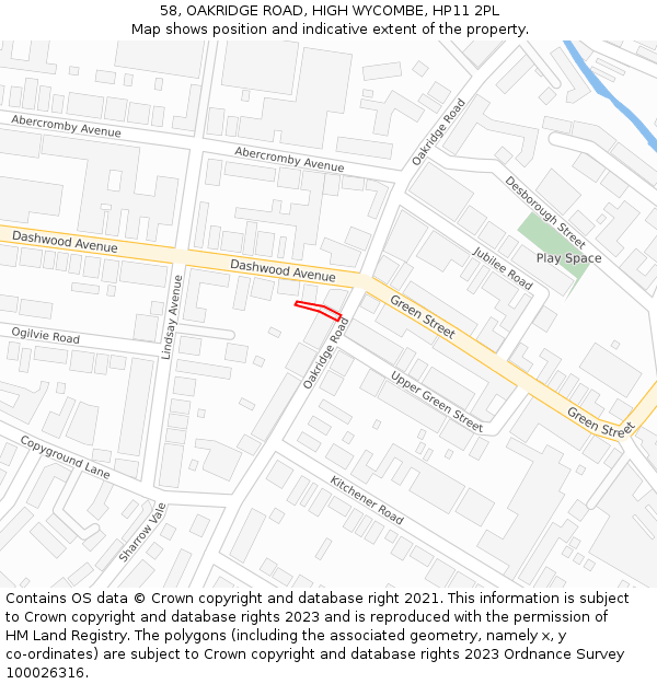 58, OAKRIDGE ROAD, HIGH WYCOMBE, HP11 2PL: Location map and indicative extent of plot