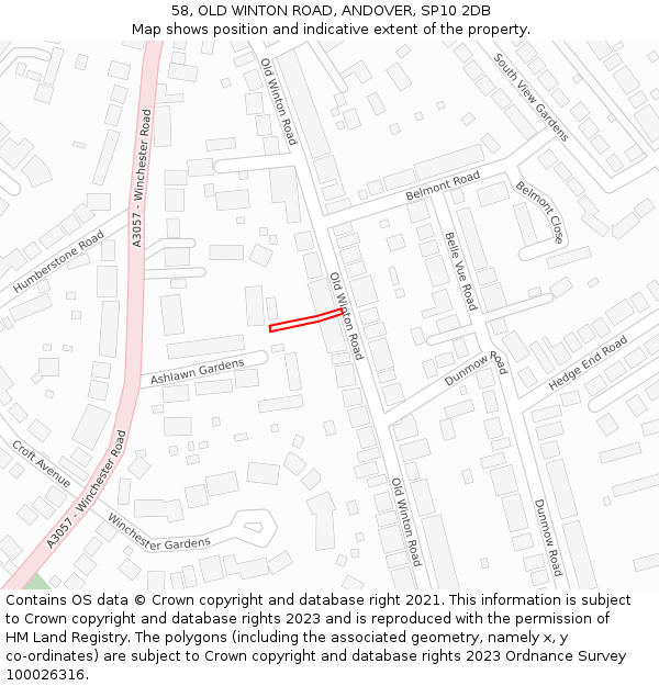 58, OLD WINTON ROAD, ANDOVER, SP10 2DB: Location map and indicative extent of plot