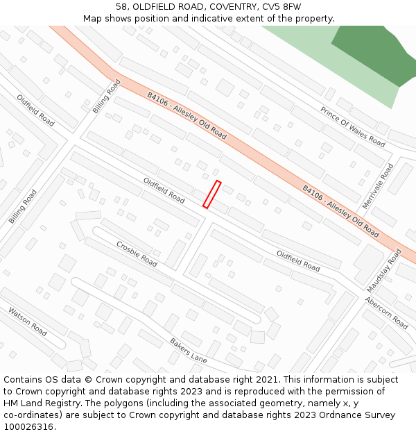 58, OLDFIELD ROAD, COVENTRY, CV5 8FW: Location map and indicative extent of plot
