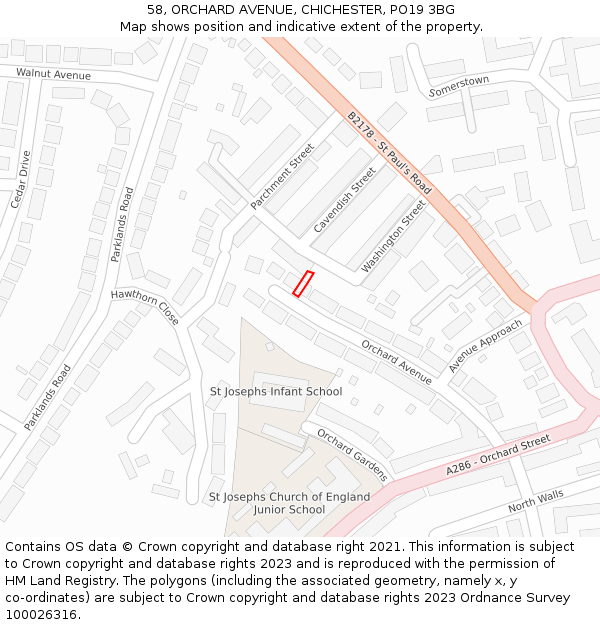 58, ORCHARD AVENUE, CHICHESTER, PO19 3BG: Location map and indicative extent of plot