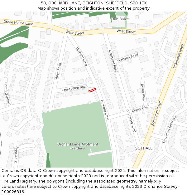 58, ORCHARD LANE, BEIGHTON, SHEFFIELD, S20 1EX: Location map and indicative extent of plot
