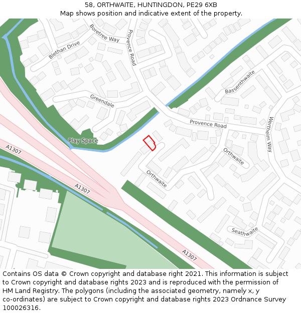 58, ORTHWAITE, HUNTINGDON, PE29 6XB: Location map and indicative extent of plot