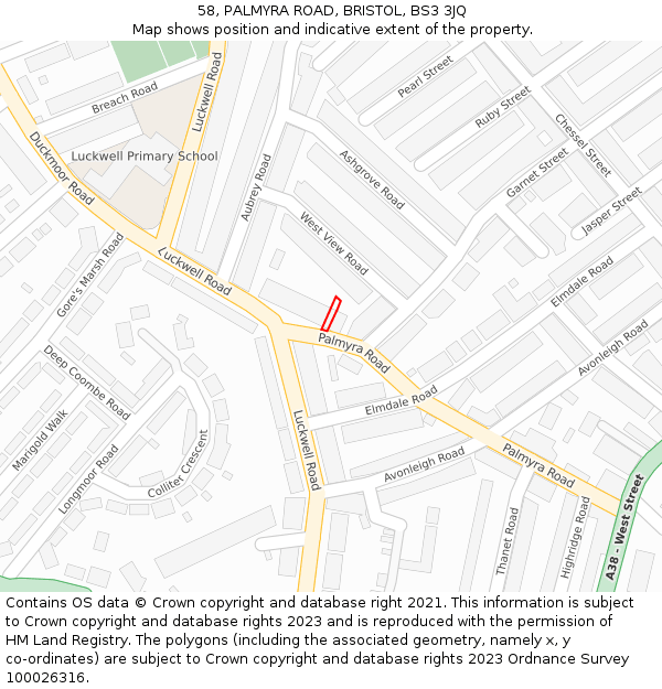 58, PALMYRA ROAD, BRISTOL, BS3 3JQ: Location map and indicative extent of plot