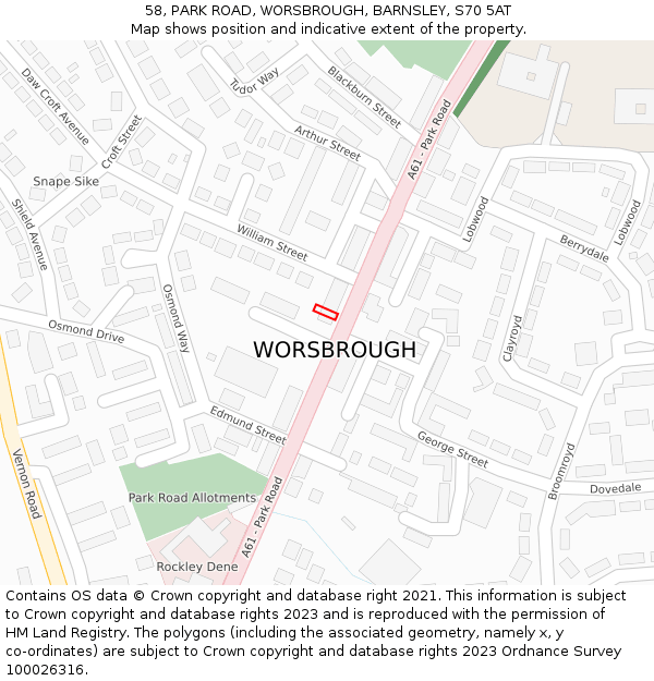 58, PARK ROAD, WORSBROUGH, BARNSLEY, S70 5AT: Location map and indicative extent of plot