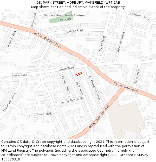 58, PARK STREET, HORBURY, WAKEFIELD, WF4 6AB: Location map and indicative extent of plot