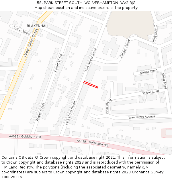 58, PARK STREET SOUTH, WOLVERHAMPTON, WV2 3JG: Location map and indicative extent of plot