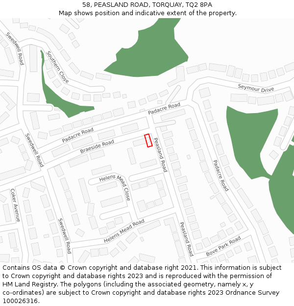 58, PEASLAND ROAD, TORQUAY, TQ2 8PA: Location map and indicative extent of plot