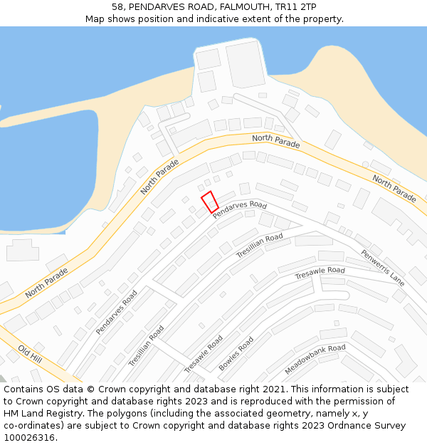 58, PENDARVES ROAD, FALMOUTH, TR11 2TP: Location map and indicative extent of plot