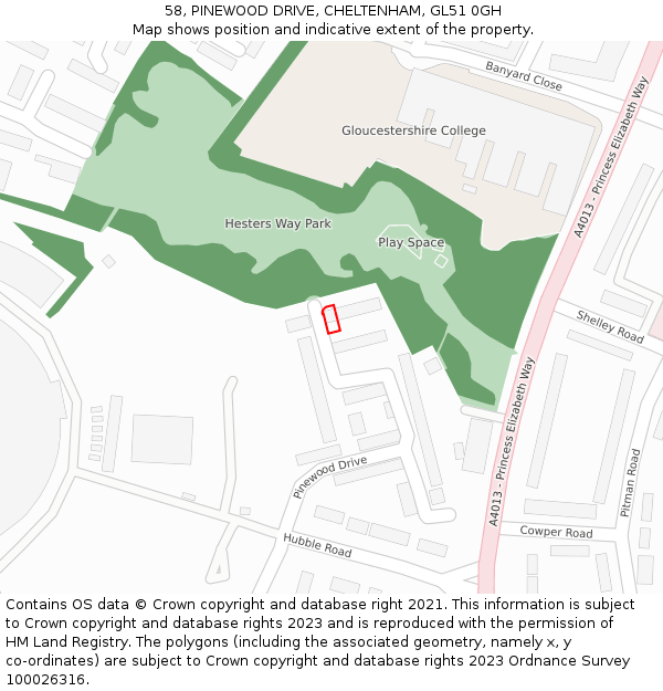 58, PINEWOOD DRIVE, CHELTENHAM, GL51 0GH: Location map and indicative extent of plot