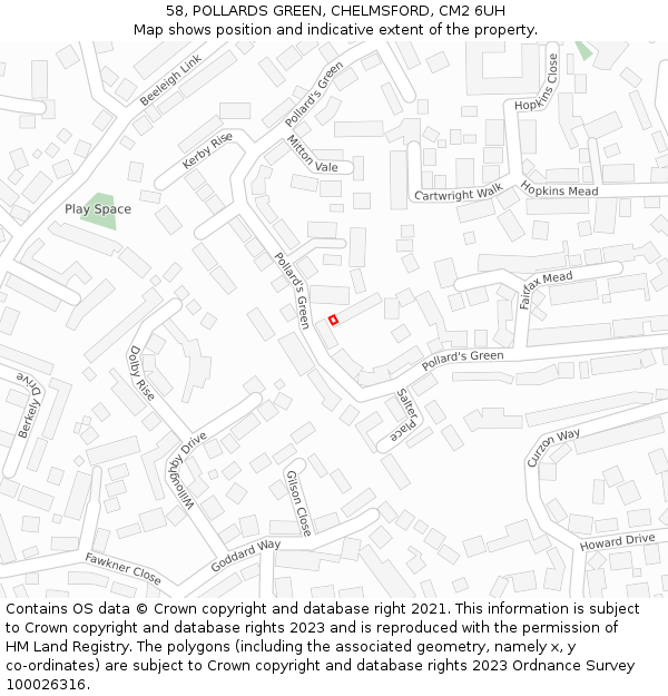 58, POLLARDS GREEN, CHELMSFORD, CM2 6UH: Location map and indicative extent of plot