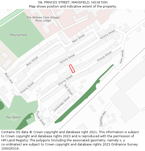 58, PRINCES STREET, MANSFIELD, NG18 5SN: Location map and indicative extent of plot