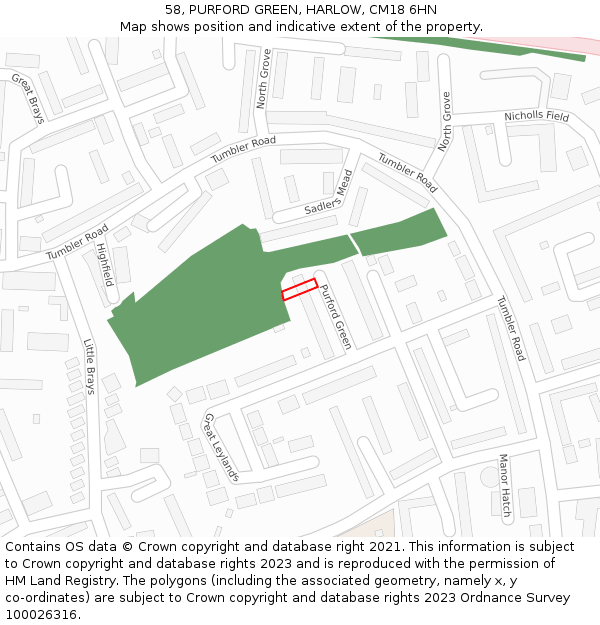 58, PURFORD GREEN, HARLOW, CM18 6HN: Location map and indicative extent of plot
