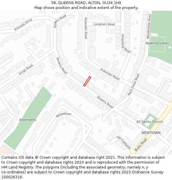 58, QUEENS ROAD, ALTON, GU34 1HX: Location map and indicative extent of plot