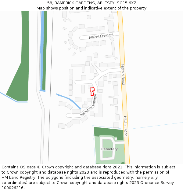 58, RAMERICK GARDENS, ARLESEY, SG15 6XZ: Location map and indicative extent of plot