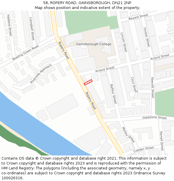 58, ROPERY ROAD, GAINSBOROUGH, DN21 2NP: Location map and indicative extent of plot