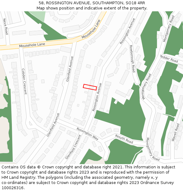 58, ROSSINGTON AVENUE, SOUTHAMPTON, SO18 4RR: Location map and indicative extent of plot
