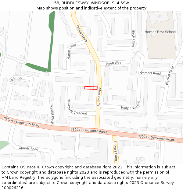 58, RUDDLESWAY, WINDSOR, SL4 5SW: Location map and indicative extent of plot