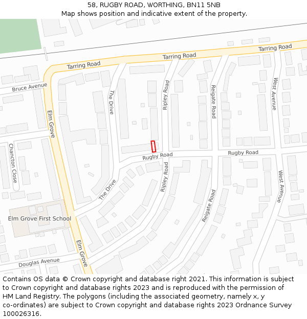 58, RUGBY ROAD, WORTHING, BN11 5NB: Location map and indicative extent of plot