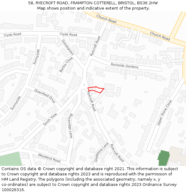 58, RYECROFT ROAD, FRAMPTON COTTERELL, BRISTOL, BS36 2HW: Location map and indicative extent of plot