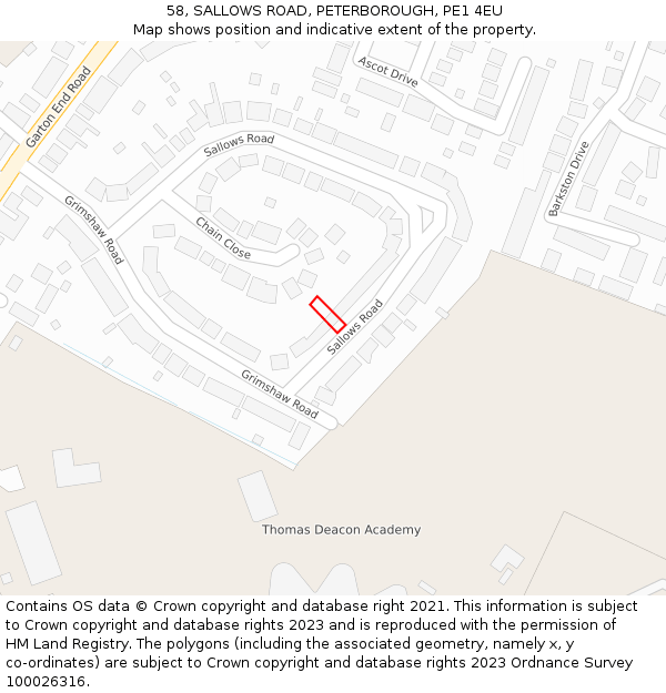 58, SALLOWS ROAD, PETERBOROUGH, PE1 4EU: Location map and indicative extent of plot