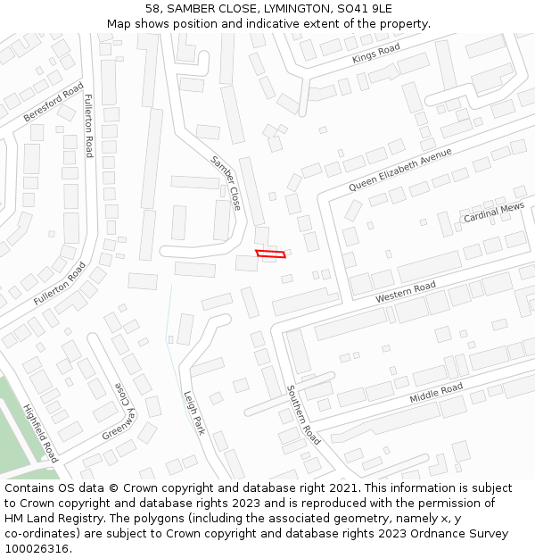 58, SAMBER CLOSE, LYMINGTON, SO41 9LE: Location map and indicative extent of plot