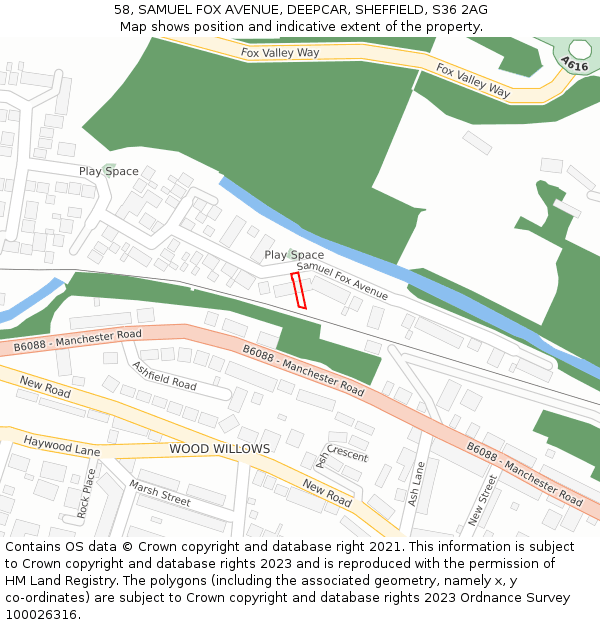 58, SAMUEL FOX AVENUE, DEEPCAR, SHEFFIELD, S36 2AG: Location map and indicative extent of plot
