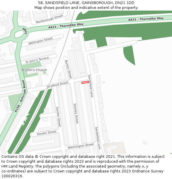 58, SANDSFIELD LANE, GAINSBOROUGH, DN21 1DD: Location map and indicative extent of plot
