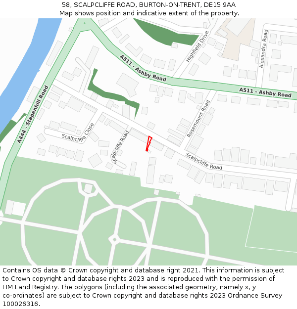 58, SCALPCLIFFE ROAD, BURTON-ON-TRENT, DE15 9AA: Location map and indicative extent of plot