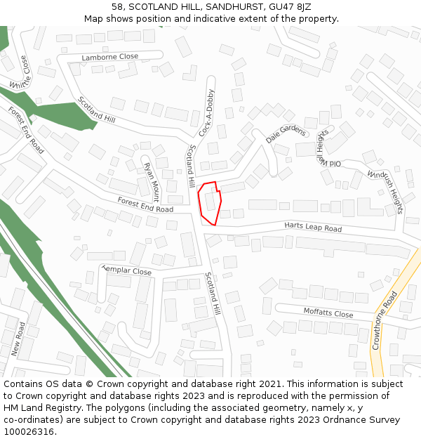 58, SCOTLAND HILL, SANDHURST, GU47 8JZ: Location map and indicative extent of plot