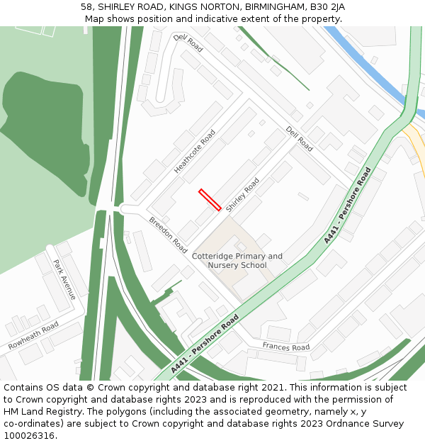 58, SHIRLEY ROAD, KINGS NORTON, BIRMINGHAM, B30 2JA: Location map and indicative extent of plot