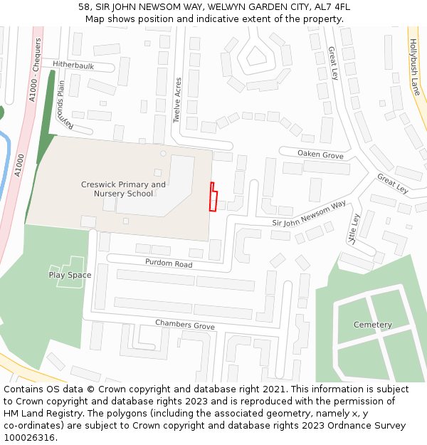 58, SIR JOHN NEWSOM WAY, WELWYN GARDEN CITY, AL7 4FL: Location map and indicative extent of plot