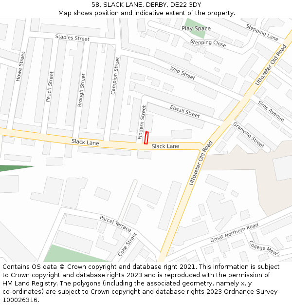 58, SLACK LANE, DERBY, DE22 3DY: Location map and indicative extent of plot
