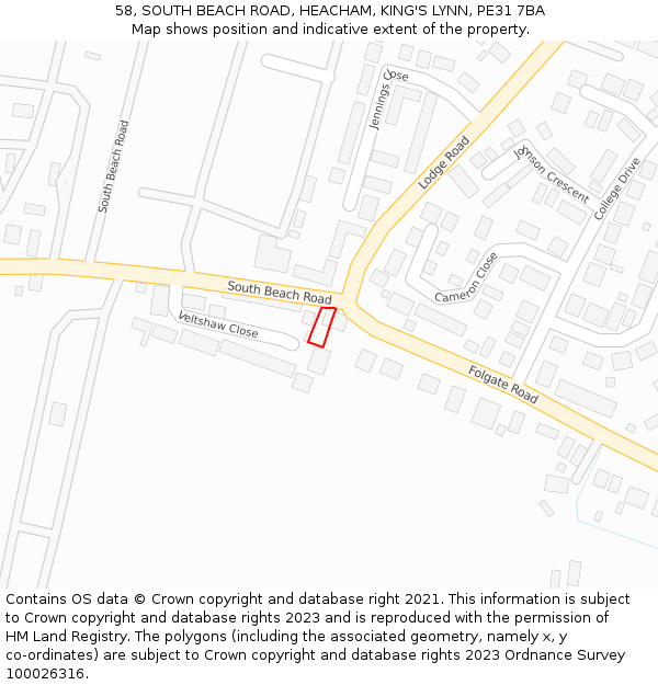 58, SOUTH BEACH ROAD, HEACHAM, KING'S LYNN, PE31 7BA: Location map and indicative extent of plot